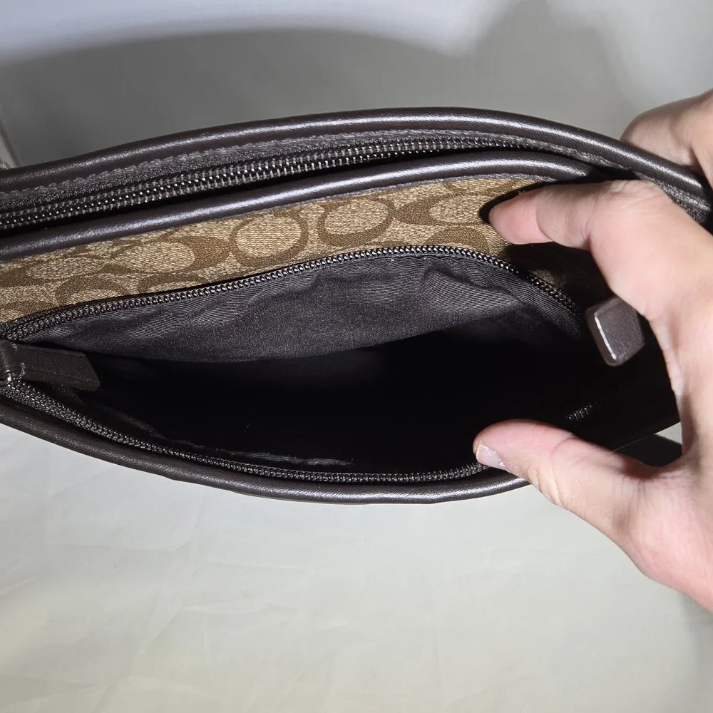 COACH F71131 HERITAGE SIGNATURE SMALL ZIP TOP CROSSBODY Brown Canvas Leather‎